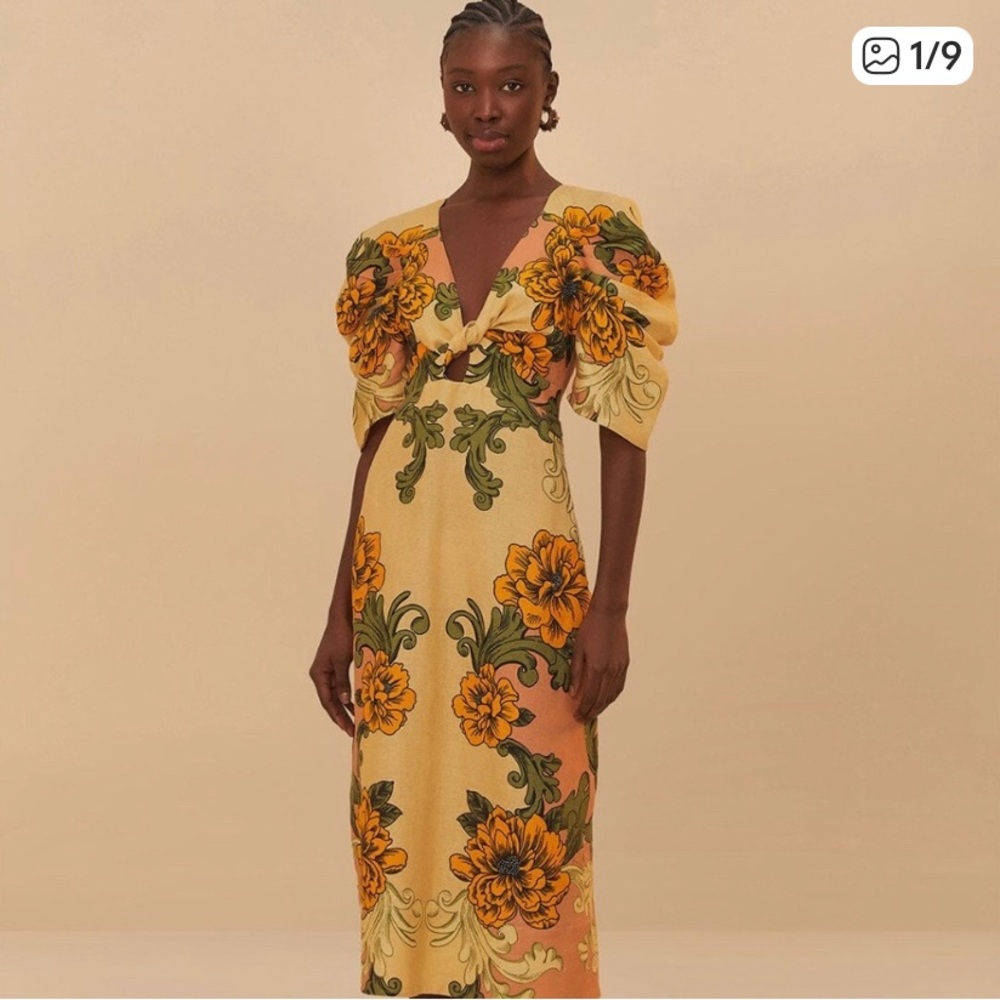 Farm Rio Floral Arabesque Linen Midi-Dress XS